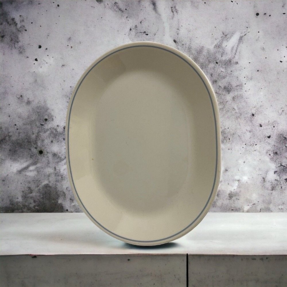 Corelle BLUE LILY Oval Serving Platter 12" by 10" Beige with Light Blue Band
